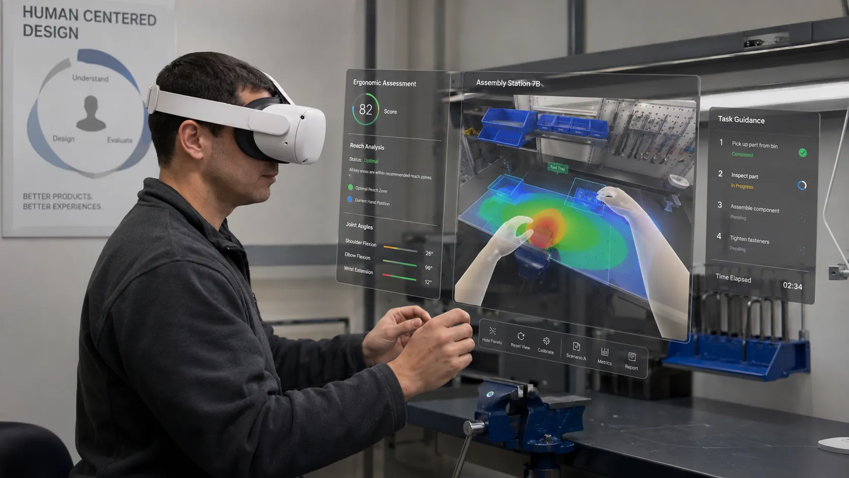 Trabajadora evaluada con realidad virtual en un puesto de trabajo para análisis ergonómico
